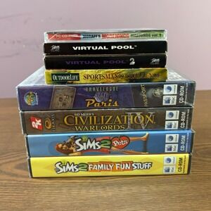 Vintage PC Mac Game Bundle Sims 2 Civilization IV Virtual Pool Morejongg 8 Games